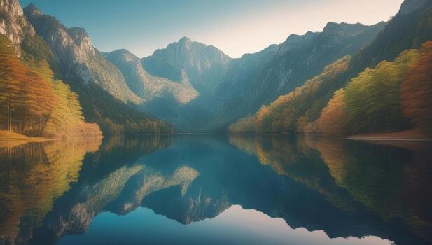 Majestic mountains reflecting serene waters creating a tranquil nature scene photo