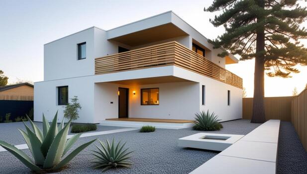 Contemporary house design with a modern architectural style featuring a spacious courtyard photo
