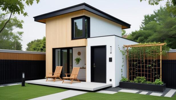 Modern architecture backyard oasis with a stylish extension and garden space photo