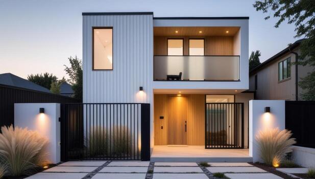 Contemporary home with geometric design and minimalist landscape architecture photo