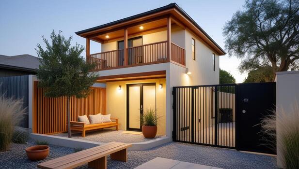 Elegant two-story home with a stylish courtyard and modern architectural design photo