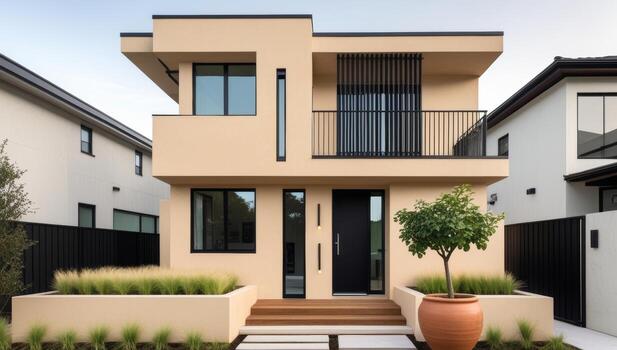 Modern beige house with black trim and a small tree in front yard design photo