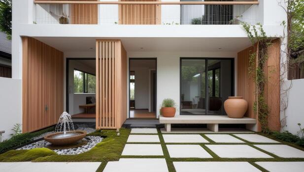 Modern Architecture Exterior with Courtyard Fountain and Natural Elements Integration photo