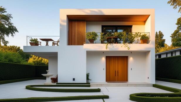 Modern minimal house exterior with a balcony and clean geometric architecture photo