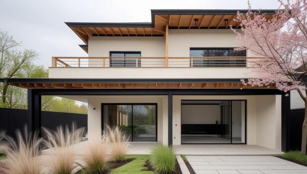 Modern two-story house with elegant architectural design and beautiful landscaping photo