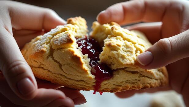 Close-up of Homemade Biscuit with Jam Filling being Gently Pulled Apart photo