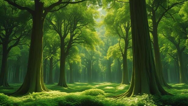 Lush green forest with sunlit clearing creating a serene natural landscape photo