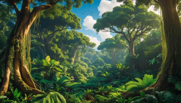 Lush Green Rainforest Canopy with Towering Trees and Vibrant Ferns Landscape photo