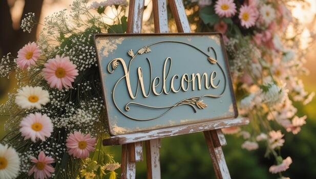 Rustic Welcome Sign on Easel Surrounded by Soft Pink and White Flowers at Sunset photo