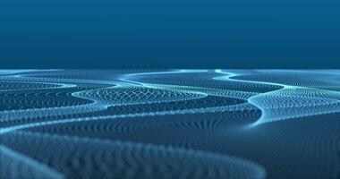 A wave-like stream of many luminous dots creates the effect of a digital surface. Fluid and abstract movement symbolizes data, sound, or energy. Looping seamless animation.118 video