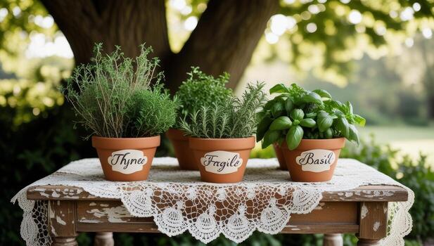 Aromatic herbs in terracotta pots on a rustic table create a serene ambiance photo
