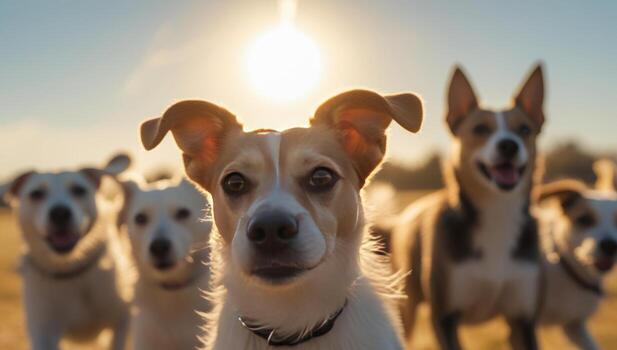 Energetic dogs running in field towards camera at sunset for lifestyle concepts photo