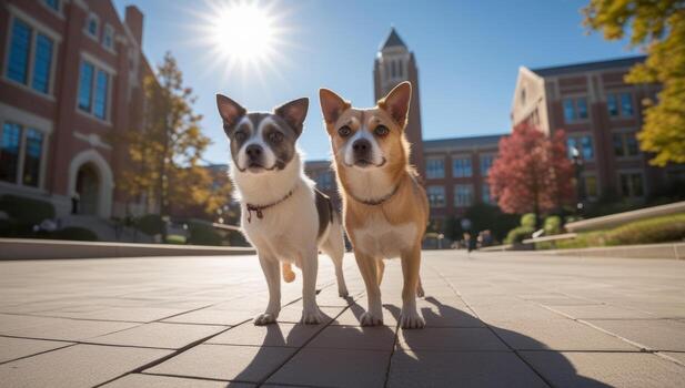 Two adorable dogs pose in front of university building on a sunny day campus photo