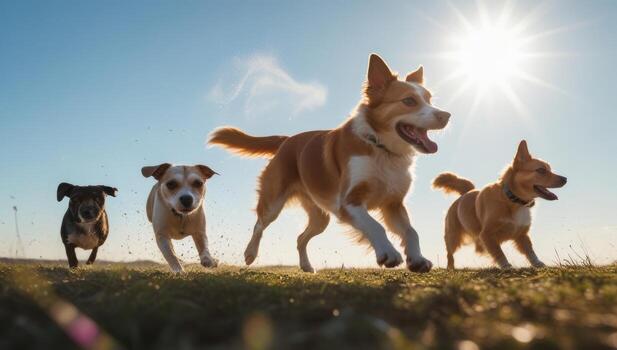 A group of happy dogs running towards the camera under a bright sunlight photo