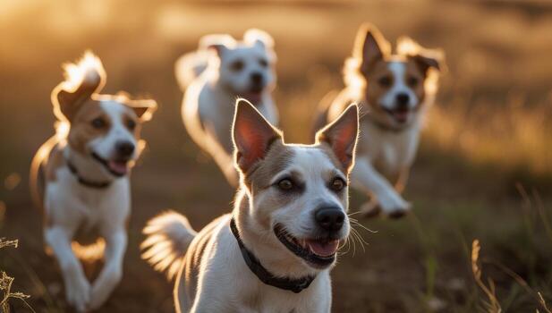 Energetic Jack Russell Terriers running in a field during a beautiful sunset photo