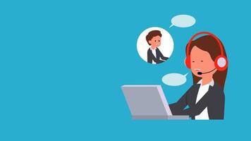 This flat design animation features a call center agent communicating with a customer via laptop. The bright blue background creates a professional and friendly impression. video