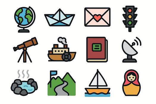 Travel and Exploration Icons Set with Globe, Boat, Telescope, and More Artwork vector
