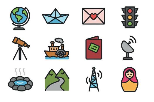 Travel and Exploration Icons Set with Globe, Boat, Telescope, and More vector