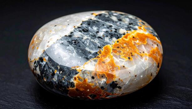 Gorgeous polished Septarian nodule stone with intricate patterns shimmering on dark surface background photo