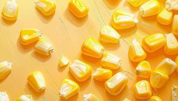 Vibrant corn kernels scattered on a golden surface create a stunning, appetizing display for your culinary projects photo