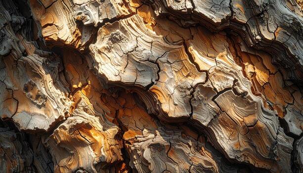 Rustic tree bark texture with intricate patterns and warm golden highlights for natural backgrounds or design photo