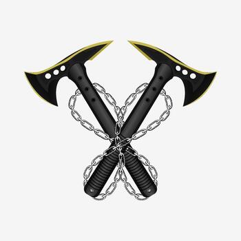 Two axes with chains and a cross on a white background vector