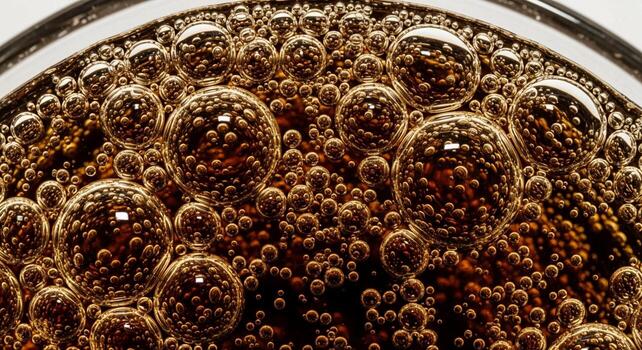 Close up view of numerous small and large brown bubbles forming a textured pattern within a transparent medium photo