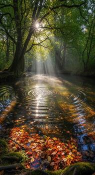 Sunlight streams through ancient forest canopy illuminating a tranquil stream with fallen autumn leaves and rippling reflections photo
