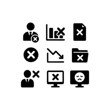Failure icon set with black icons for error, deletion, computer issues. Ideal for tech articles, presentations, or design projects. vector