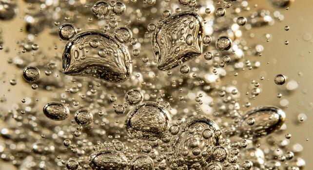 Close up macro shot of numerous small and large shimmering silver bubbles rising in liquid creating a dynamic abstract texture photo