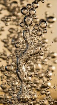 Abstract macro photograph captures a dynamic column of rising air bubbles in a golden liquid creating a textured and energetic visual photo