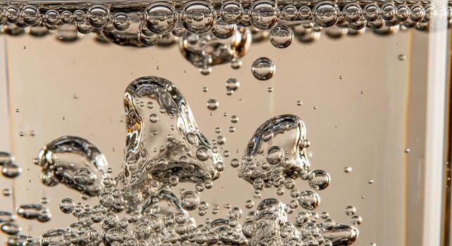 Close up macro shot of effervescent bubbles rising and bursting in clear liquid creating dynamic abstract patterns photo