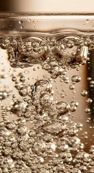 Close up view of numerous small bubbles rising and forming in clear liquid creating a dynamic and textured surface photo