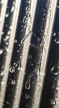 Close up of water droplets and streaks on a textured metallic surface with parallel lines creating a dynamic abstract pattern photo