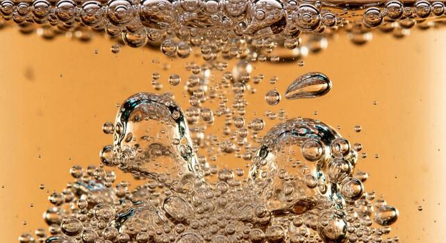 Close up abstract view of effervescent bubbles rising and bursting within a golden amber liquid creating dynamic patterns photo
