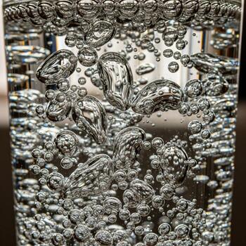 Close up abstract view of numerous small and large bubbles rising through clear liquid creating a textured pattern photo