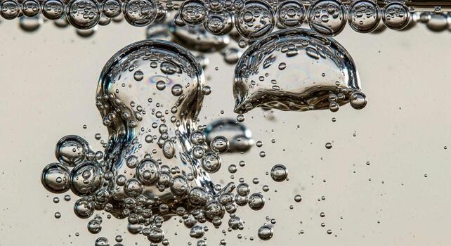 Close up macro shot of numerous tiny and large bubbles rising and forming in clear liquid creating a dynamic underwater scene photo