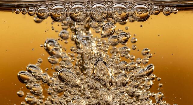 Abstract macro view of golden liquid with numerous bubbles rising and bursting creating dynamic textures and patterns photo