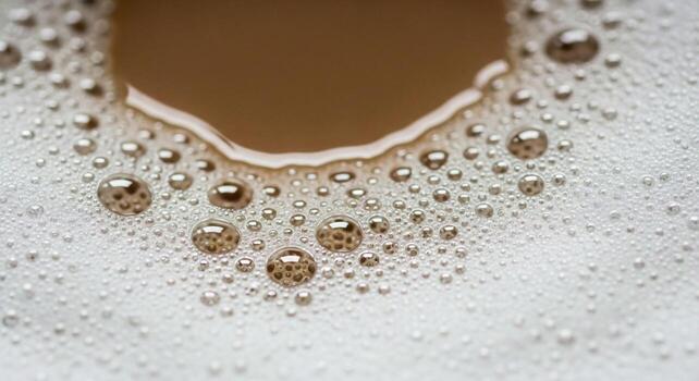 Close up view of frothy coffee with small bubbles forming a delicate pattern on the surface of the dark liquid photo