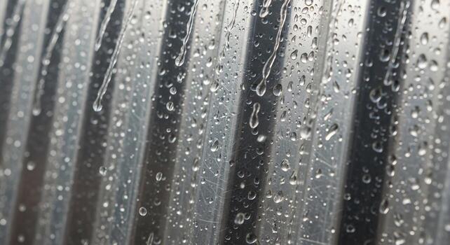 Close up view of raindrops on a window with vertical blinds creating a textured abstract background effect photo