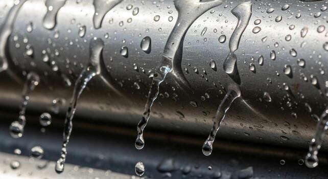 Close up abstract view of water droplets cascading down a textured metallic surface creating a refreshing and dynamic visual photo