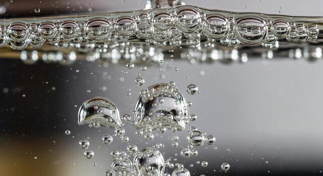 Close up macro shot of numerous small and large bubbles rising through clear liquid creating a dynamic abstract pattern photo