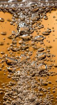 Macro view of effervescent bubbles rising through a golden amber liquid creating a dynamic abstract pattern photo