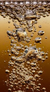 Abstract close up of bubbles rising through a golden amber liquid creating dynamic textures and patterns photo