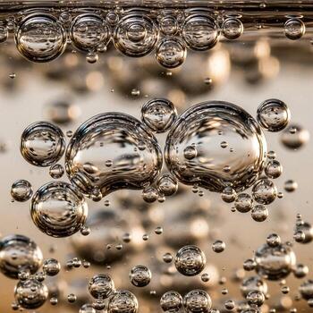 Close up macro photograph of numerous shimmering metallic bubbles suspended in a liquid medium creating a mesmerizing abstract pattern photo