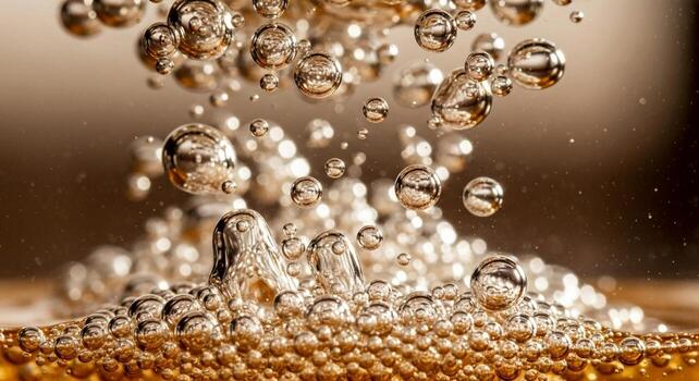 Abstract macro photograph captures the dynamic upward movement of numerous clear water bubbles rising and bursting in a fluid environment photo