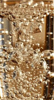 Close up view of effervescent bubbles rising through a golden liquid creating a mesmerizing abstract pattern of light and motion photo