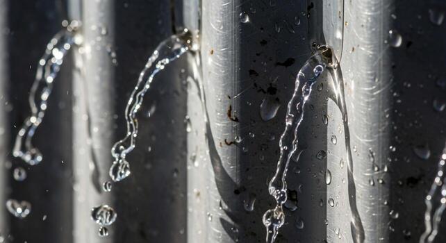 Water streams cascading down corrugated metal sheets creating a dynamic abstract pattern with droplets and reflections photo