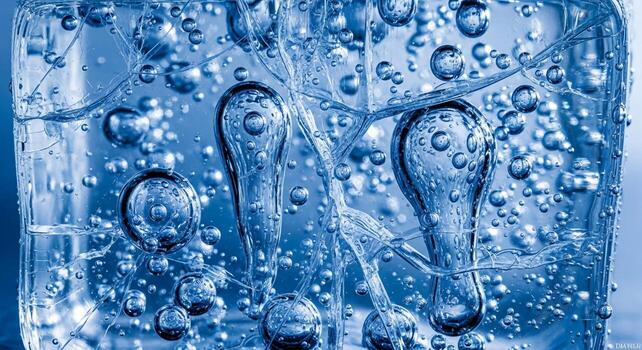 Abstract macro view of numerous small and large bubbles suspended within a clear blue liquid creating a dynamic and refreshing visual photo