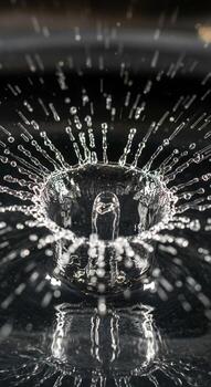 Captivating high speed photograph captures the explosive splash of a water drop creating a mesmerizing crown and radiating droplets photo